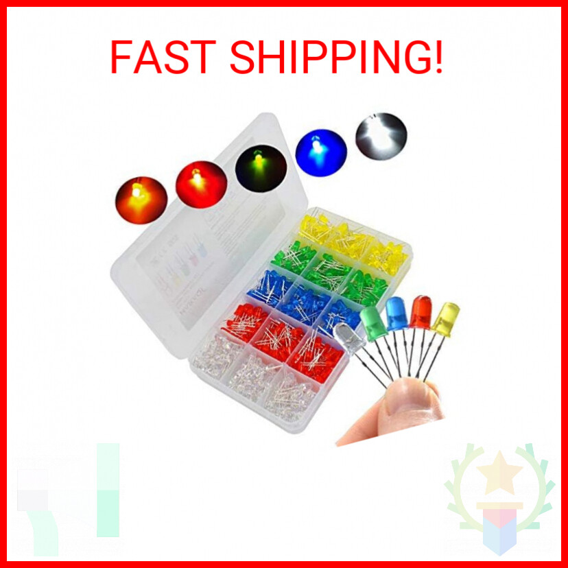 500 Pcs 5mm LED Light Emitting Diode Assortment Kit,Low Voltage Diffused Diode f
