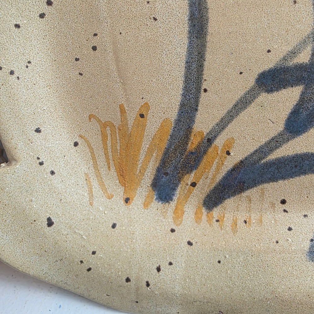 Vintage Signed Studio Pottery Speckled Stoneware Serving Tray Botanical Pattern