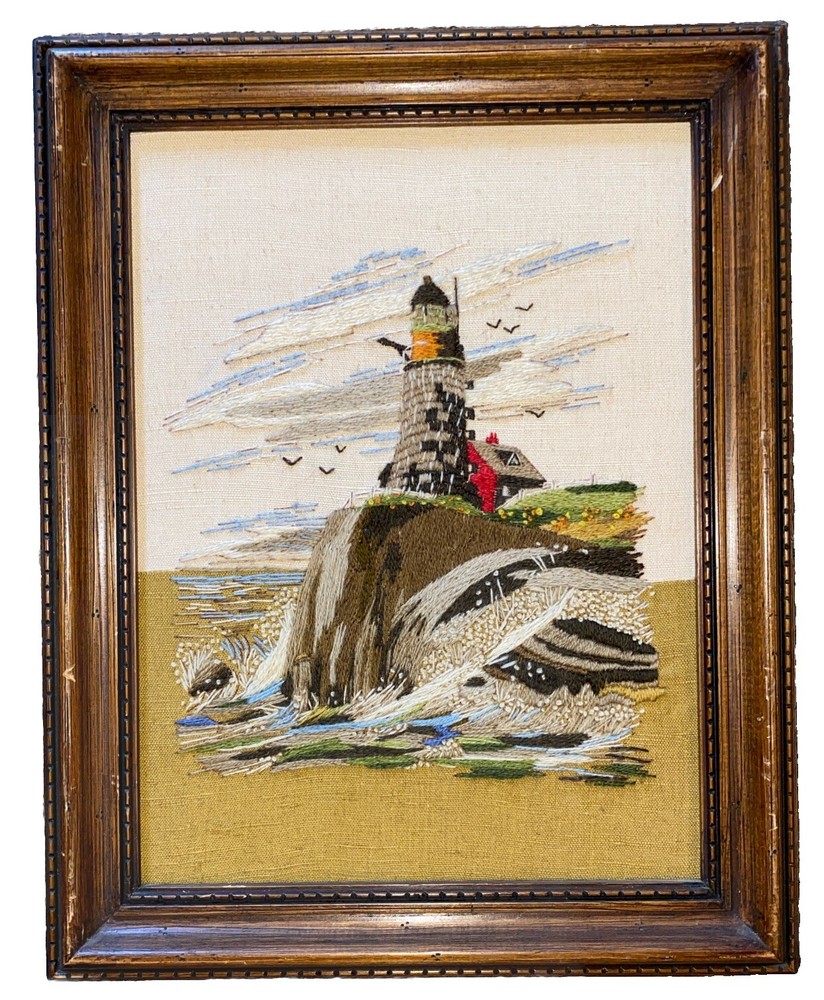 Vintage Lighthouse Needlepoint Framed MCM 19” X 15” Framed