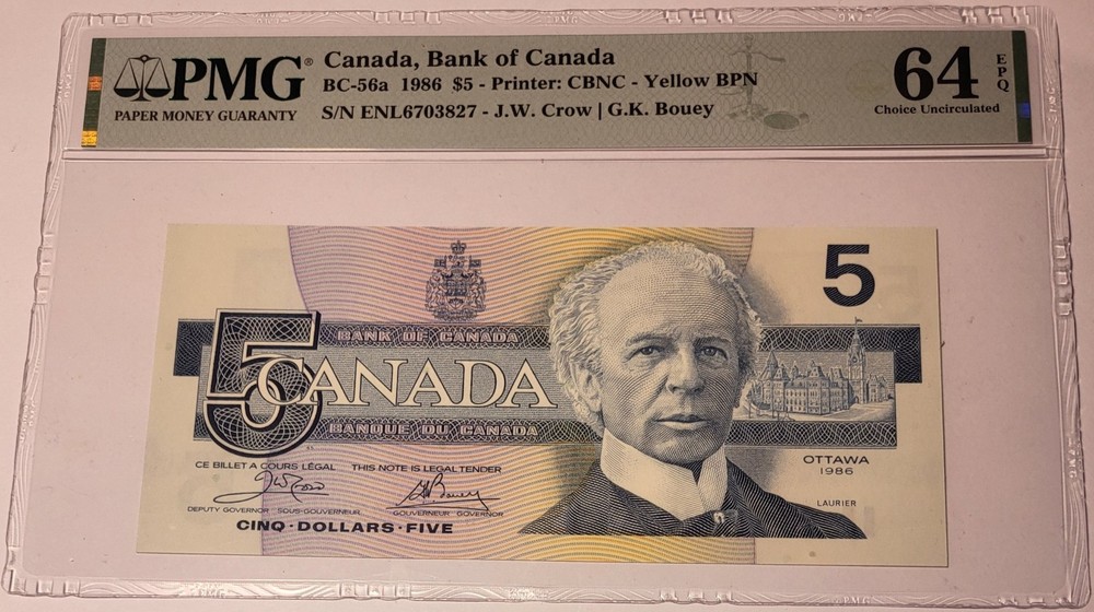 Canada 1986 $5 Bank Note Ch Unc 64 EPQ PMG