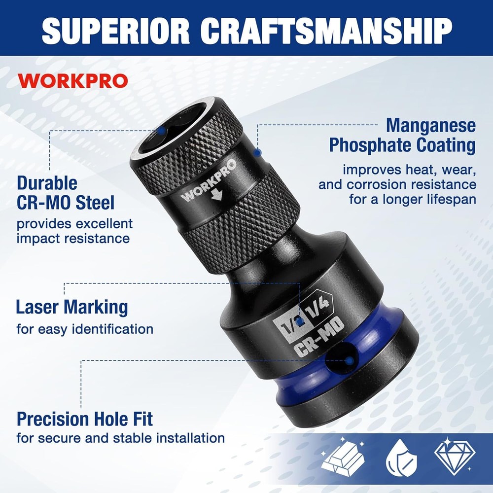 WORKPRO 1/2" to 1/4 in Hex Quick Release Square Impact Socket Adapter Bit Holder