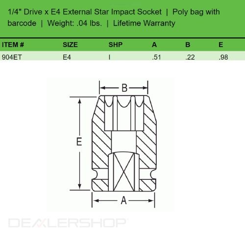 Grey Pneumatic 904ET 1/4" Drive x E4 Standard Length External Impact Socket