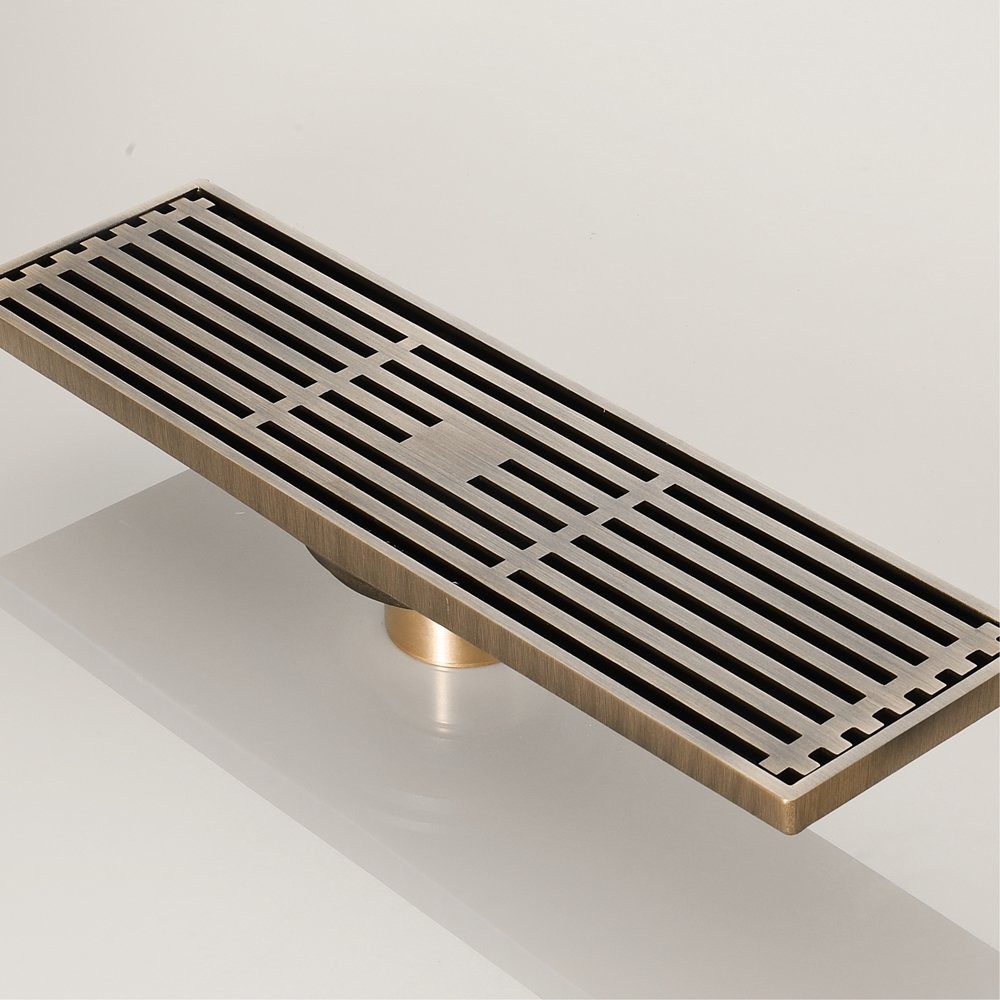 12-Inch Linear Shower Drain Brass Antique Rectangular Bathroom Floor Drain St...