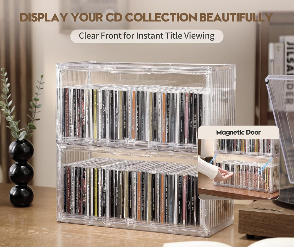2-Pack Clear CD Storage Box, Stackable CD Case Holder with Full-View Design, Har