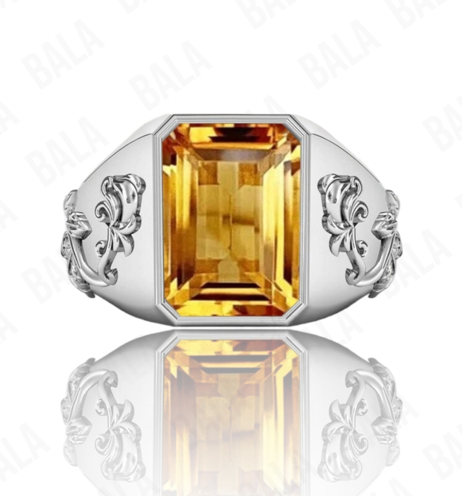 Handmade 925 Sterling Silver Citrine Ring, Rectangular Emerald Cut Yellow Quartz