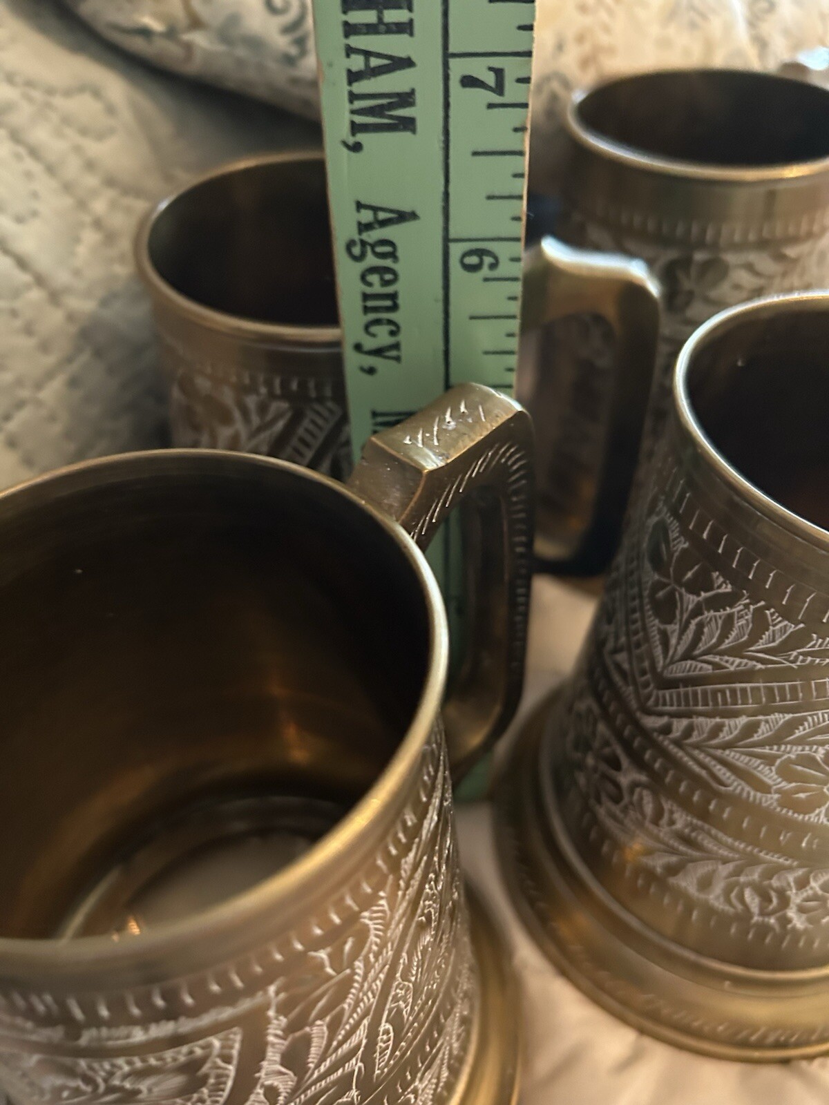 Set Of Four Vintage Hand Etched Copper/Brass Beer Mugs Glass Bases - Pakistan