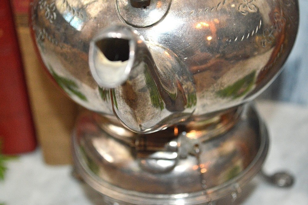 Antique English Silver Plate Spirit Tea Kettle on Stand Tilting