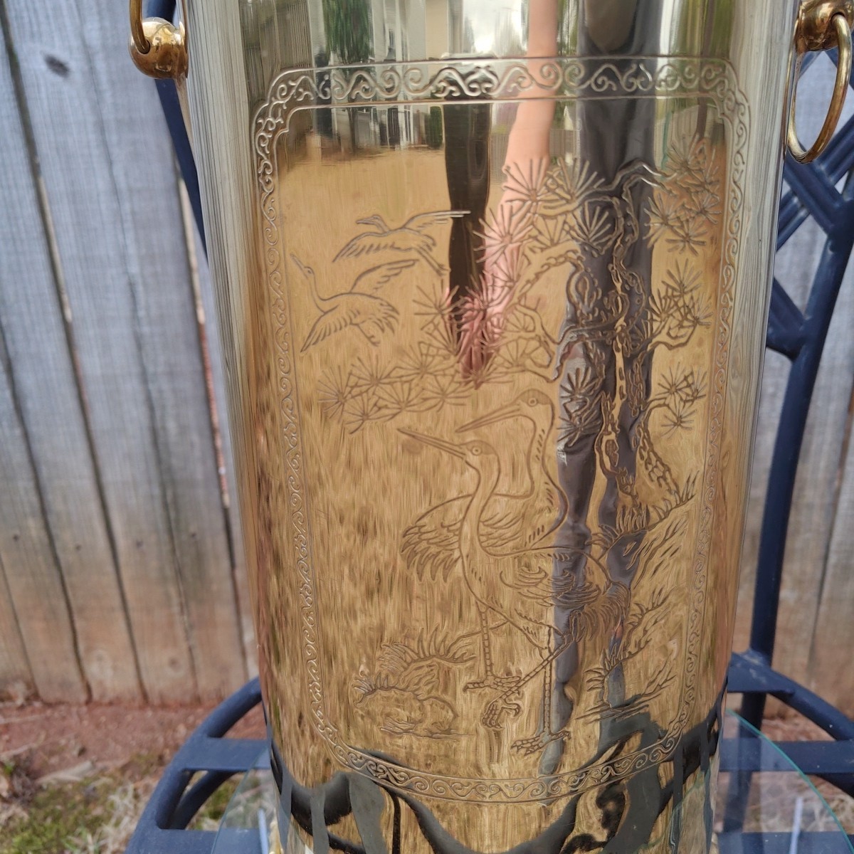 Vintage Brass Umbrella Cane Holder Stand 18" with Decorative Handles Asian Motif