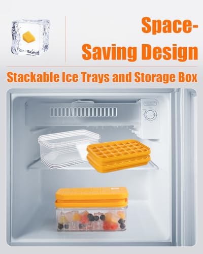 Ice Cube Tray with Lid&Bin, Ice Cube Mold with 56 Cubes, Stackable Ice Orange
