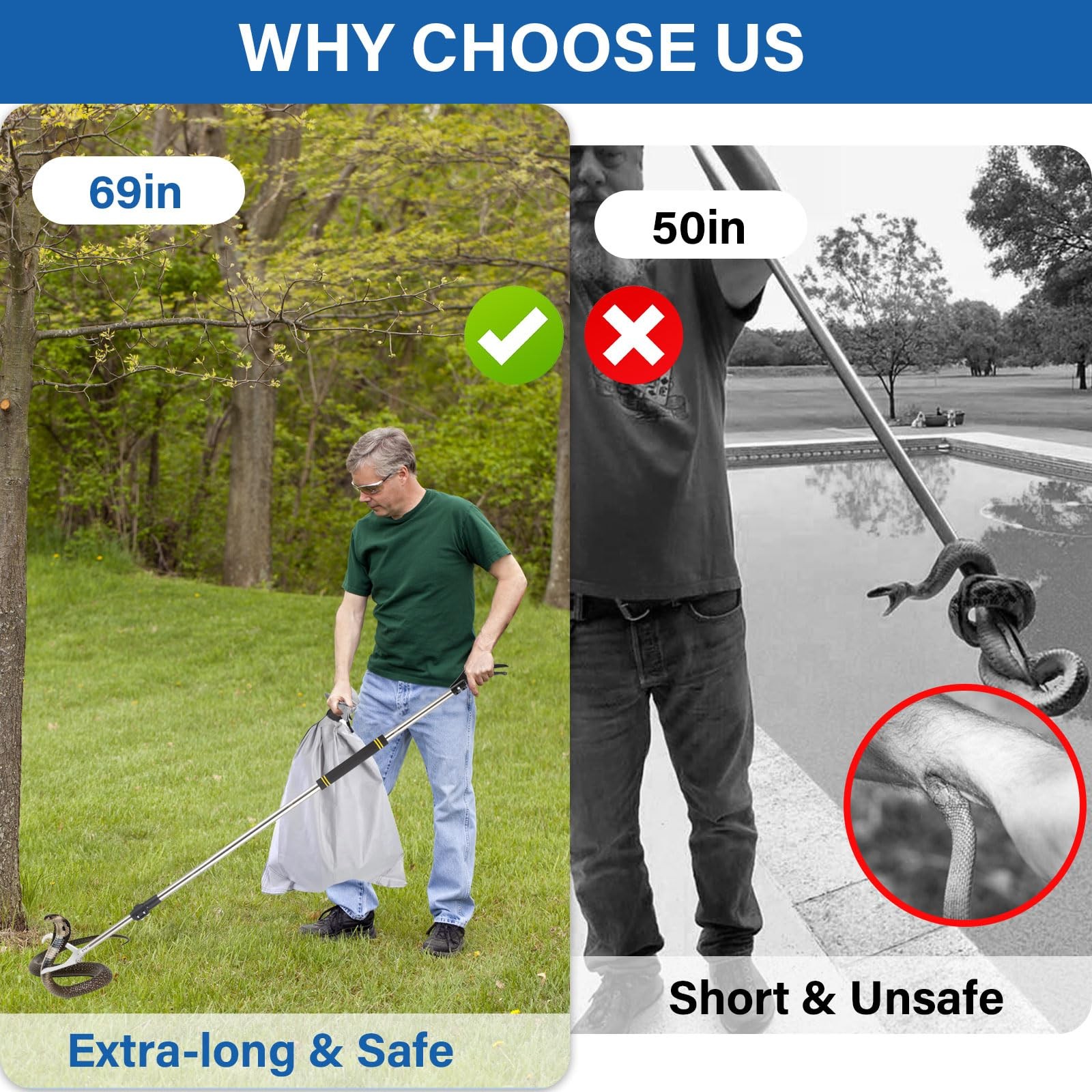 69" Snake Grabber Tool - Extra Long Stainless Steel Tongs for Rattlesnake Reptil