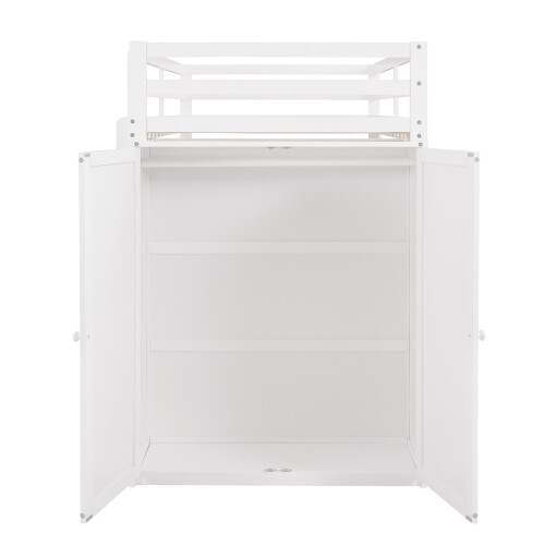 Solid Wood Loft Bed with Desk and Wardrobe Storage Cabinet Twin Size Bed Frames