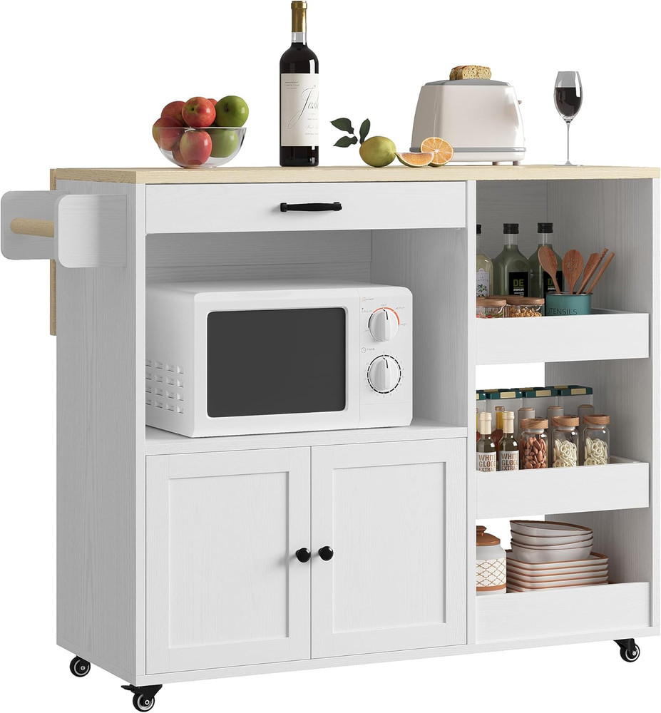 Rolling Kitchen Island Cart with Drop Leaf, Storage & Wheels - White