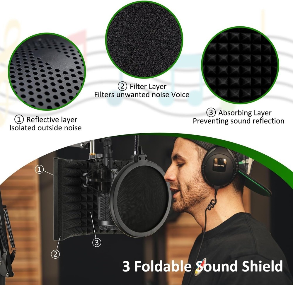 Microphone Isolation Shield with Mic Stand and Pop Filter, Foldable Sound Shi...