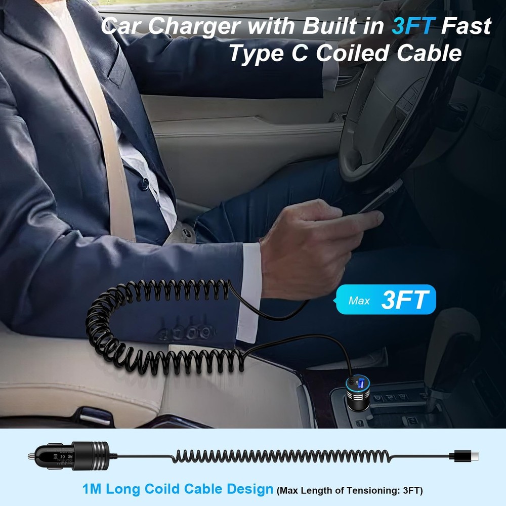 Android Car Charger Fast Charging Cord 3.4A USB Cigarette Lighter Adapter wit...