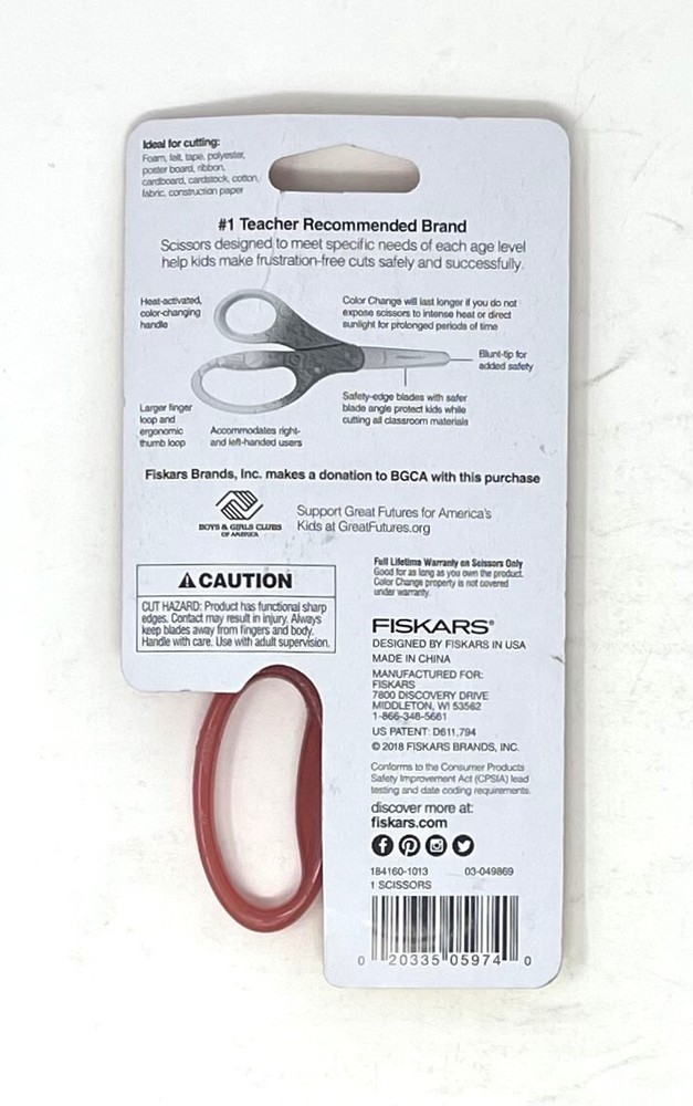 Fiskars Scissors Color Change Red/Orange Handle Pointed-tip Safety edge blade