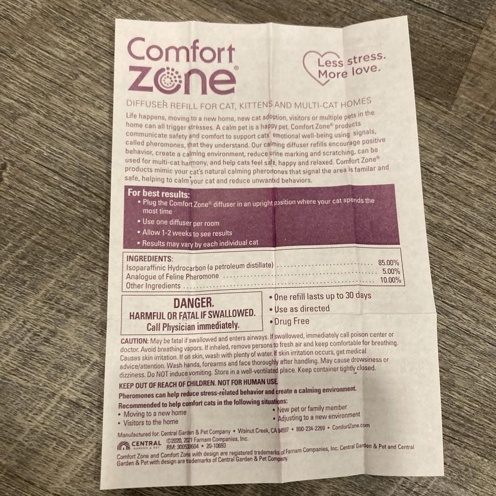 Comfort Zone Multi-Cat Calming 4 Refills New Open Box Pheromones Diffuser Cat