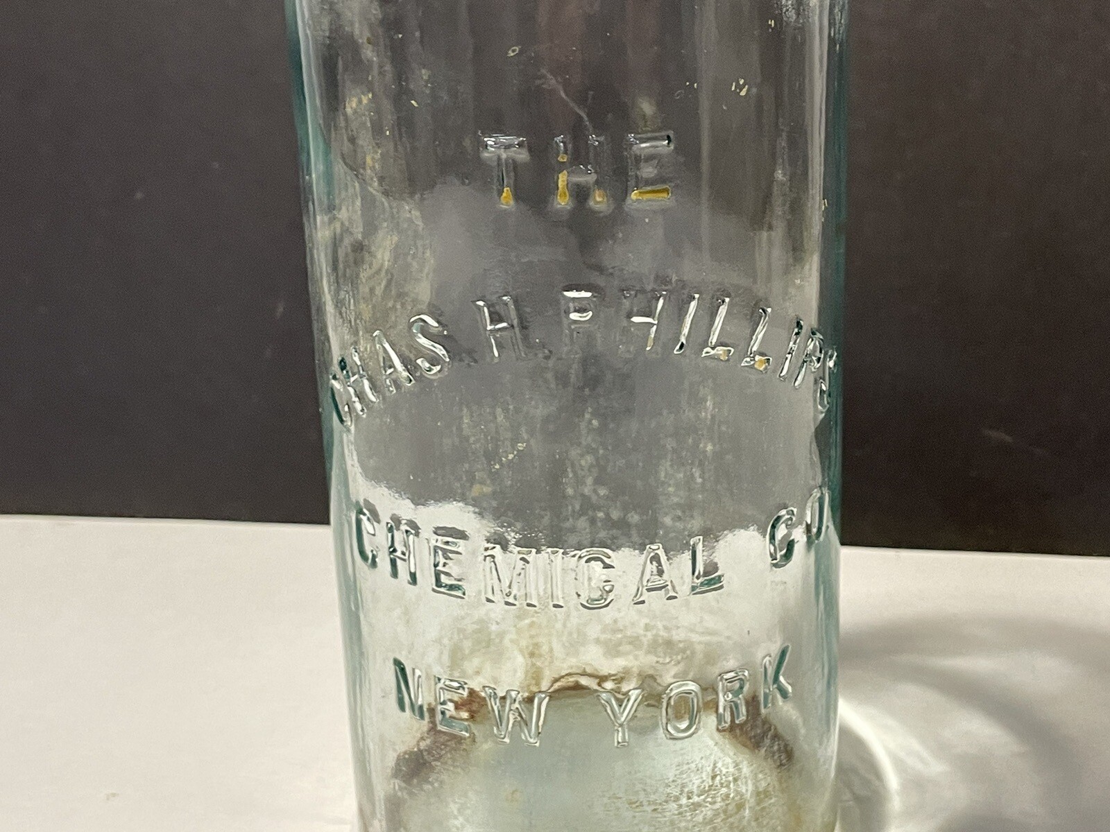 VTG Embossed CHAS H. PHILLIPS CHEMICAL CO. Bottle Blue Green Glass 10.5" tall