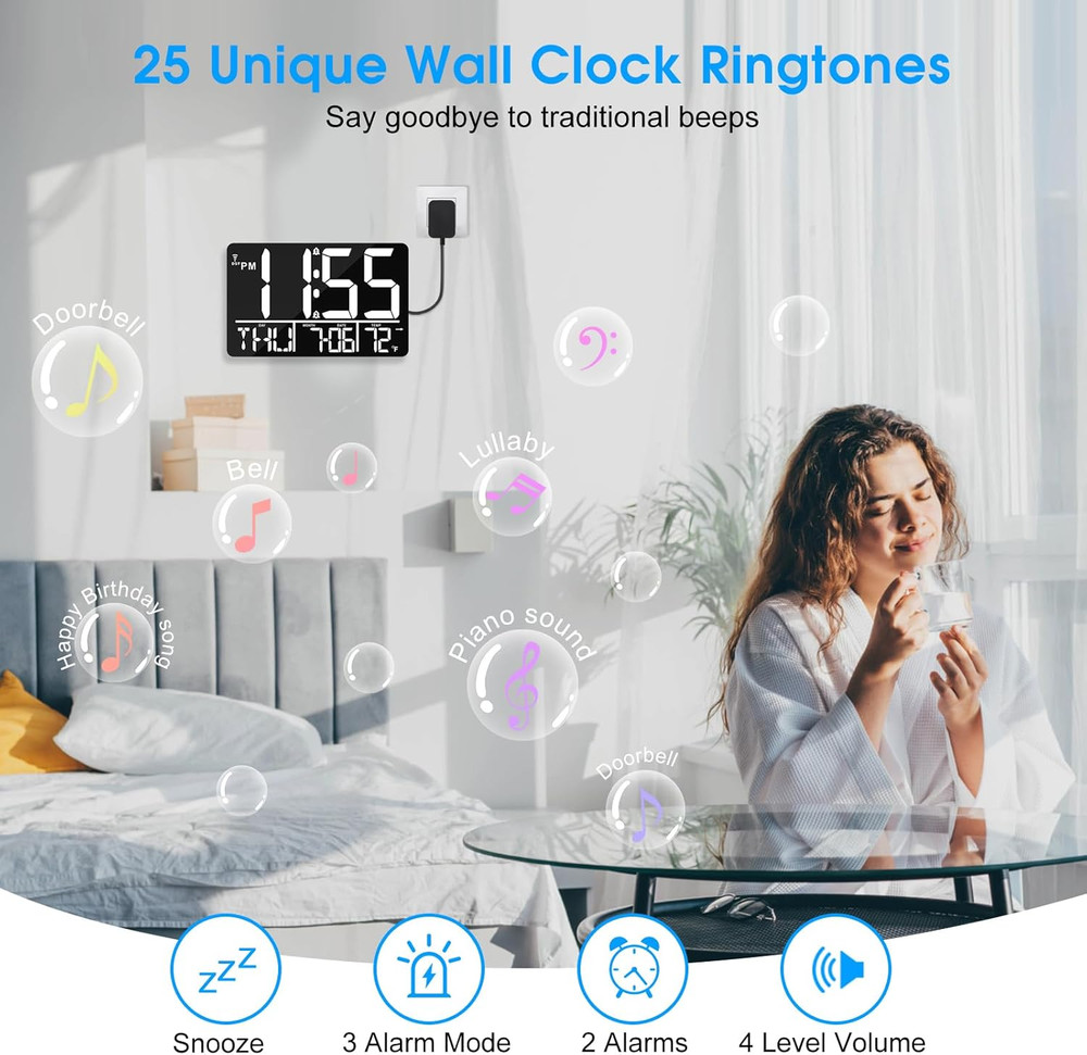 13" Bluetooth Auto Sync Wall Clock - Large Digital Alarm Clock with Remote, 25 R