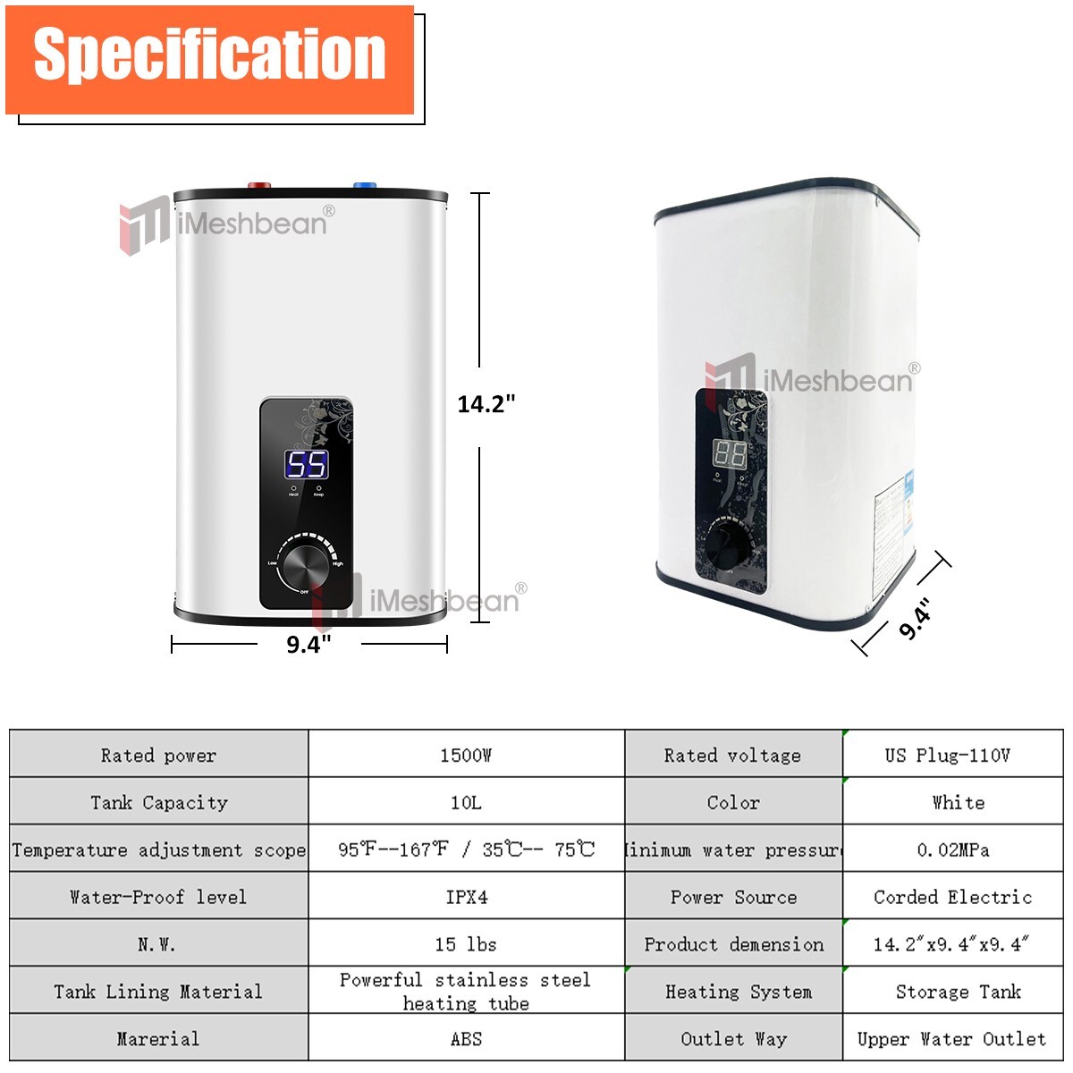 Instant Electric Hot Water Heater Shower Compact Mini-Tank Storage RV 10L 110V