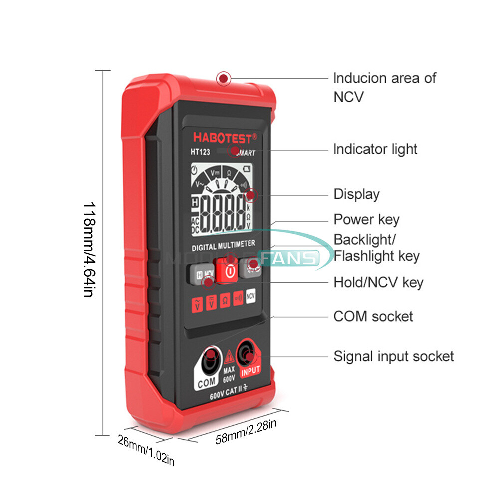 HT123 Digital Multimeter Smart Meter Volt AC DC 600V Tester True RMS Backlight
