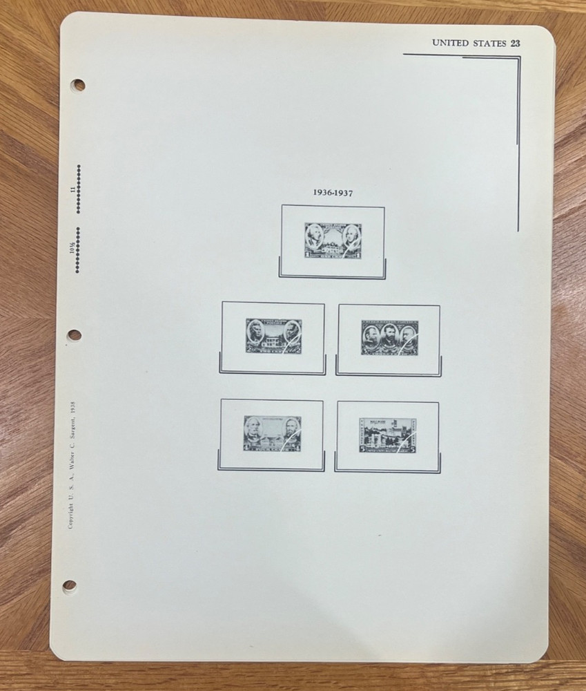 VINTAGE SARGENT LOOSE LEAF STAMP ALBUM PAGES #104 US COMMEMORATIVES, 1935-38+
