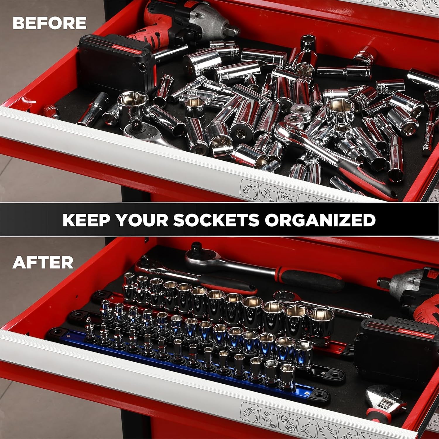 Aluminum Magnetic Socket Organizer 3 PCS Socket Rail Holder, 1/4-Inch x 14 Clips