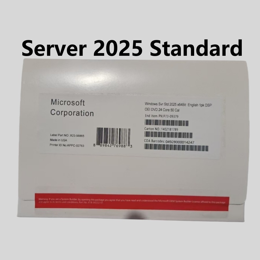 Microsoft Windows Server 2025 Standard 64Bit 24 Core 50 CALs DVD With Key Sealed