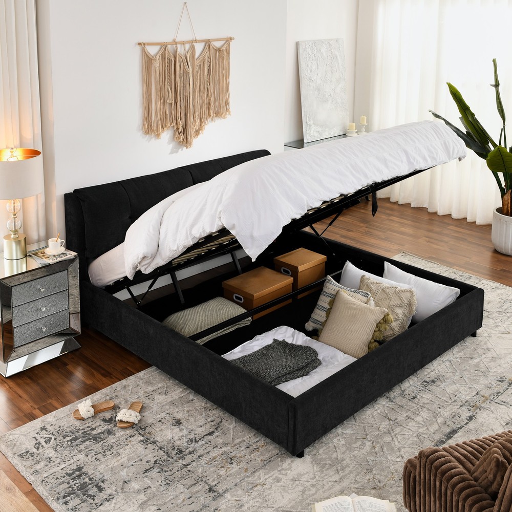 King Size Storage Upholstered Hydraulic Platform Bed with Integrated Headboard