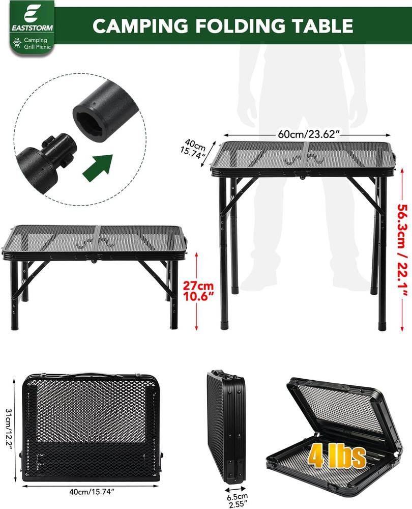 2Ft Small Folding Table with Carry Handle, Camping Table Adjustable Height 10.6–