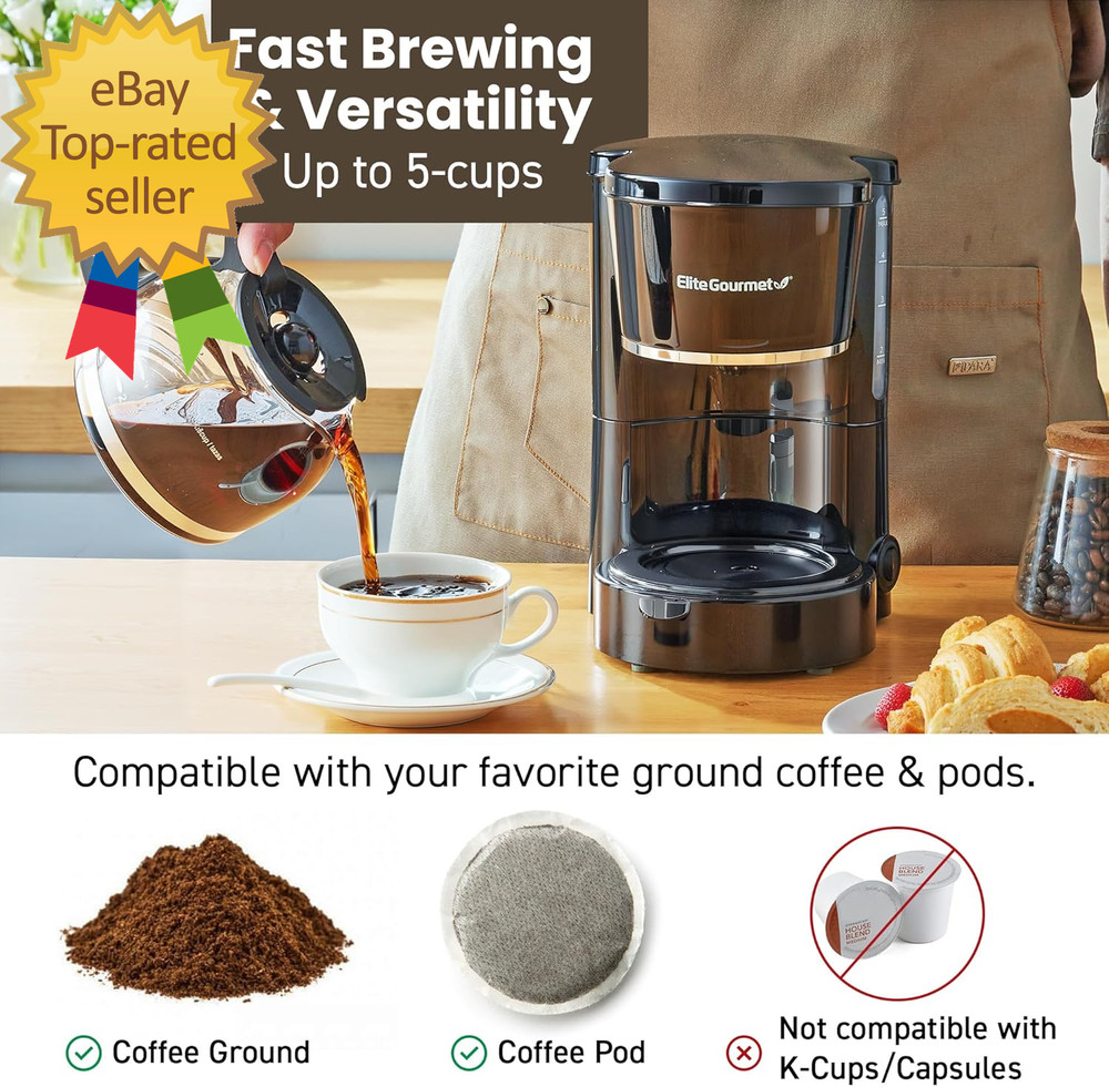 EHC-5055 Automatic 5-Cup Brew & Drip Coffee Maker with Pause N Serve Reusable