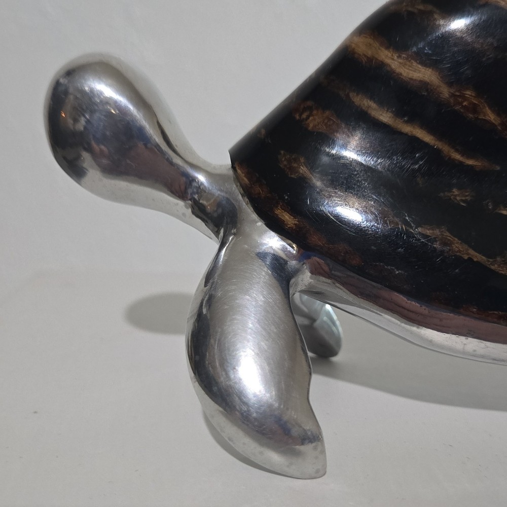 Sea Turtle Figurine Silver Brown Striped Shell Mixed Materials Decorative