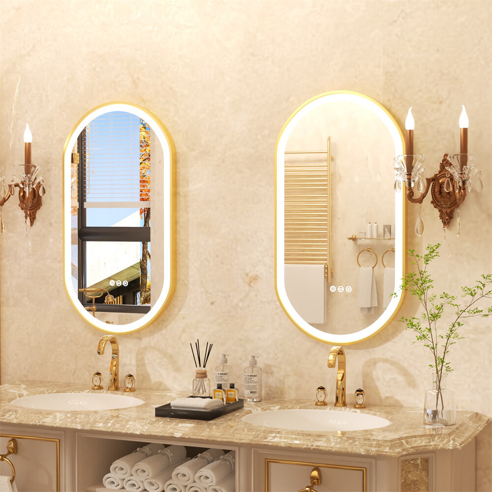 Oval LED Bathroom Mirror Gold Metal Frame Vanity Mirrors Dimmable 3 Touch Switch