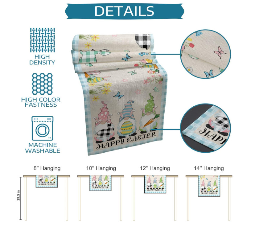 Easter Egg Table Runner 13X90 Bunny Gnomes SpringDecor Easter Table Cover Topper