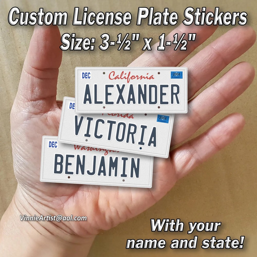 TINY Custom License Plate Stickers with Name & State Small Decals Artwork Gift