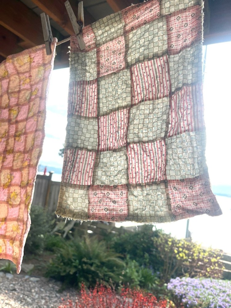 Antique 1930s Four Patch Feedsack Doll Quilt Calico Patchwork Primitive American