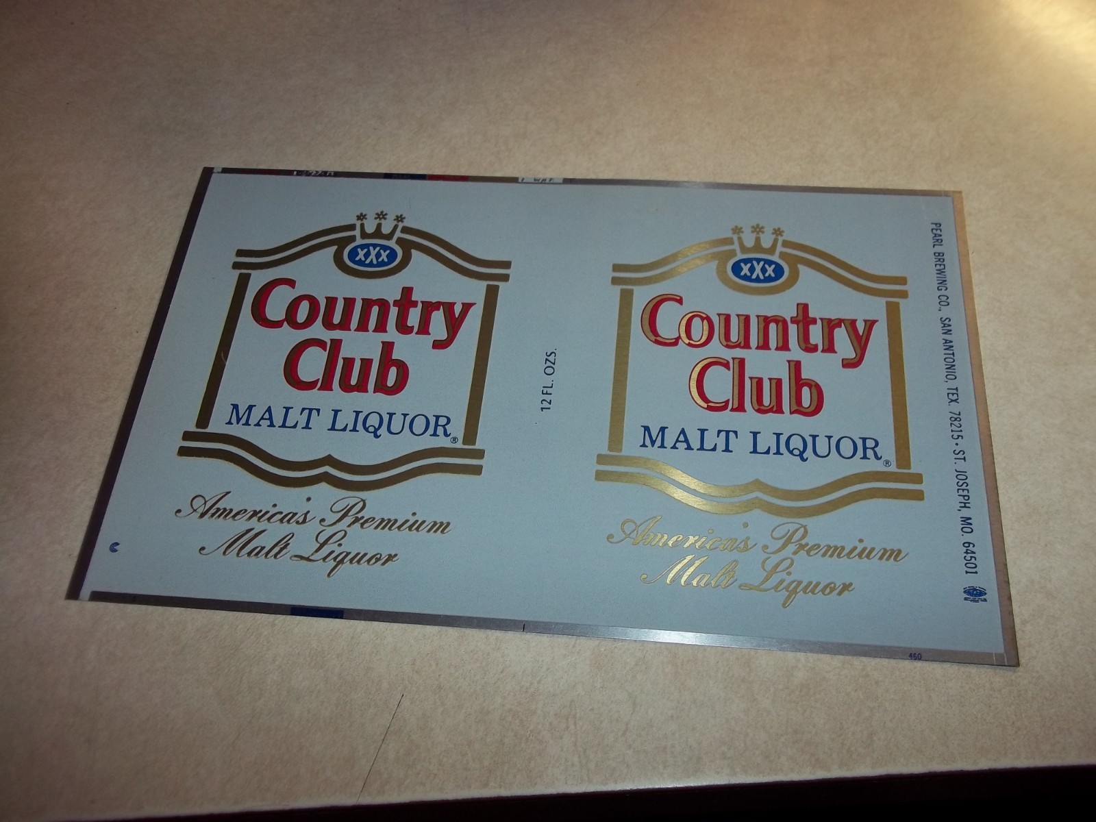 Vintage COUNTRY CLUB MALT LIQUOR BEER Unrolled Can SHEET Pearl Brewing Texas Mo.