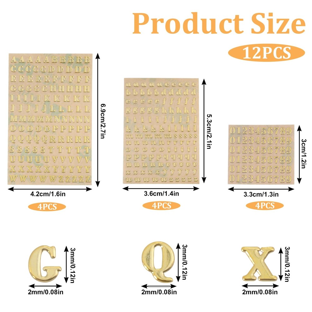 12 Sheets 3mm Tiny Letter Stickers, 3D Gold Mini Nail