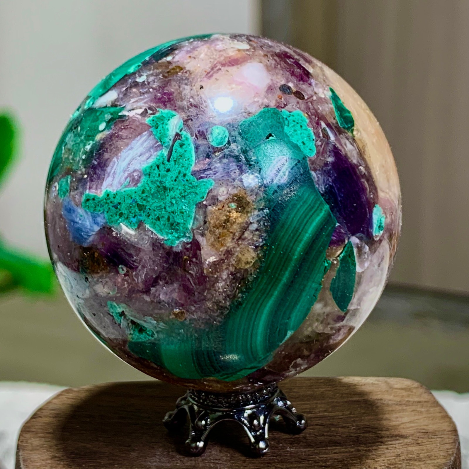116G Newly discovered rare malachite purple mica symbiotic sphere restoration