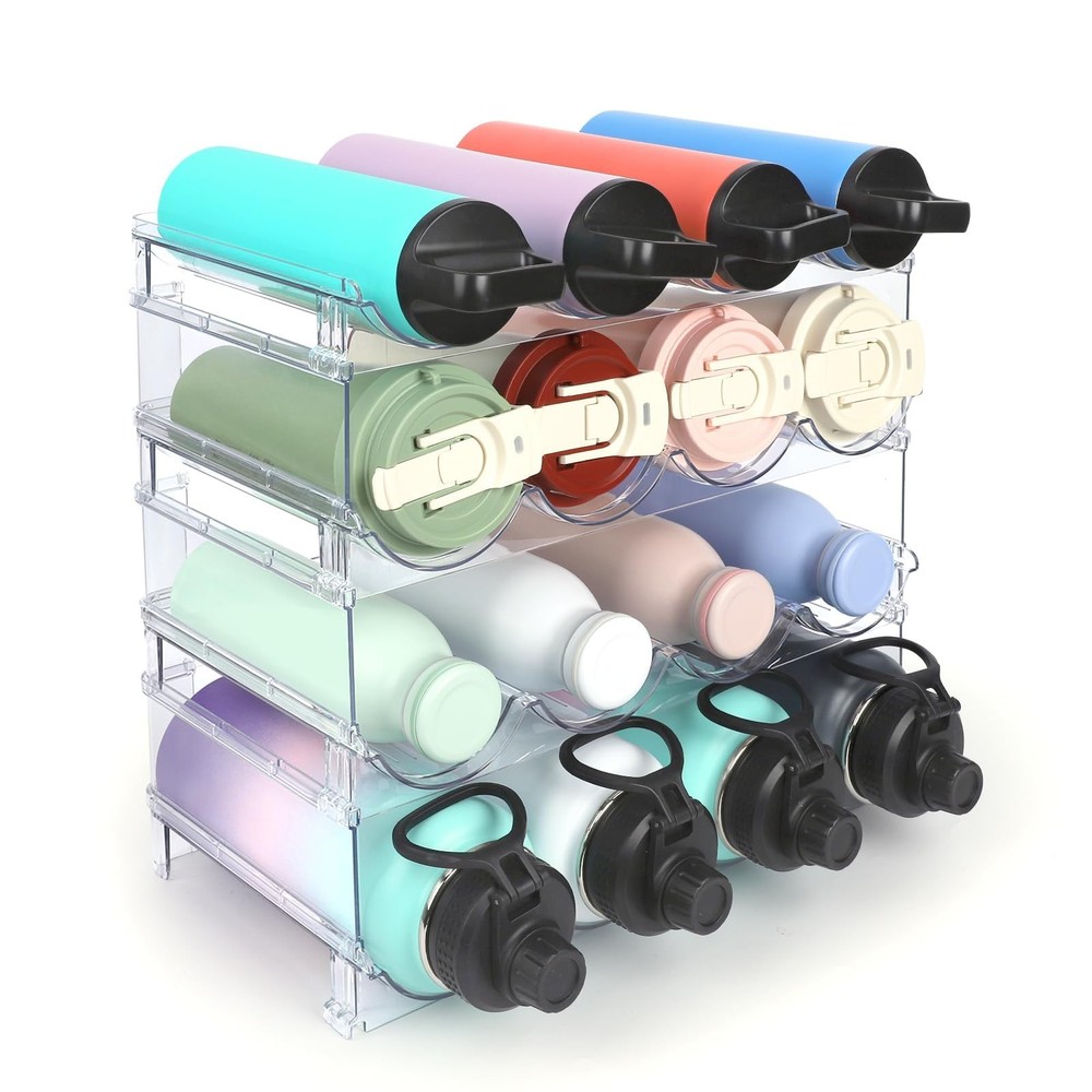 4Tier Stackable Water Bottle Organizer Clear Large Compartment Holds 16