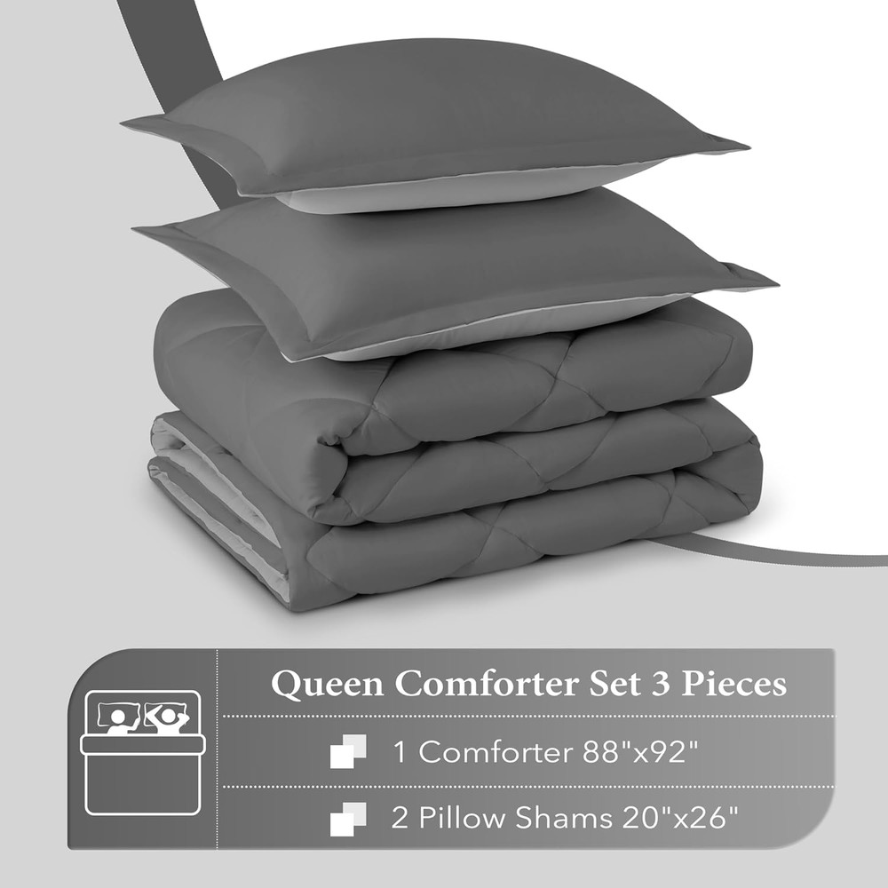 Lightweight Solid Comforter Set (Queen) with 2 Pillow Shams - 3-Piece
