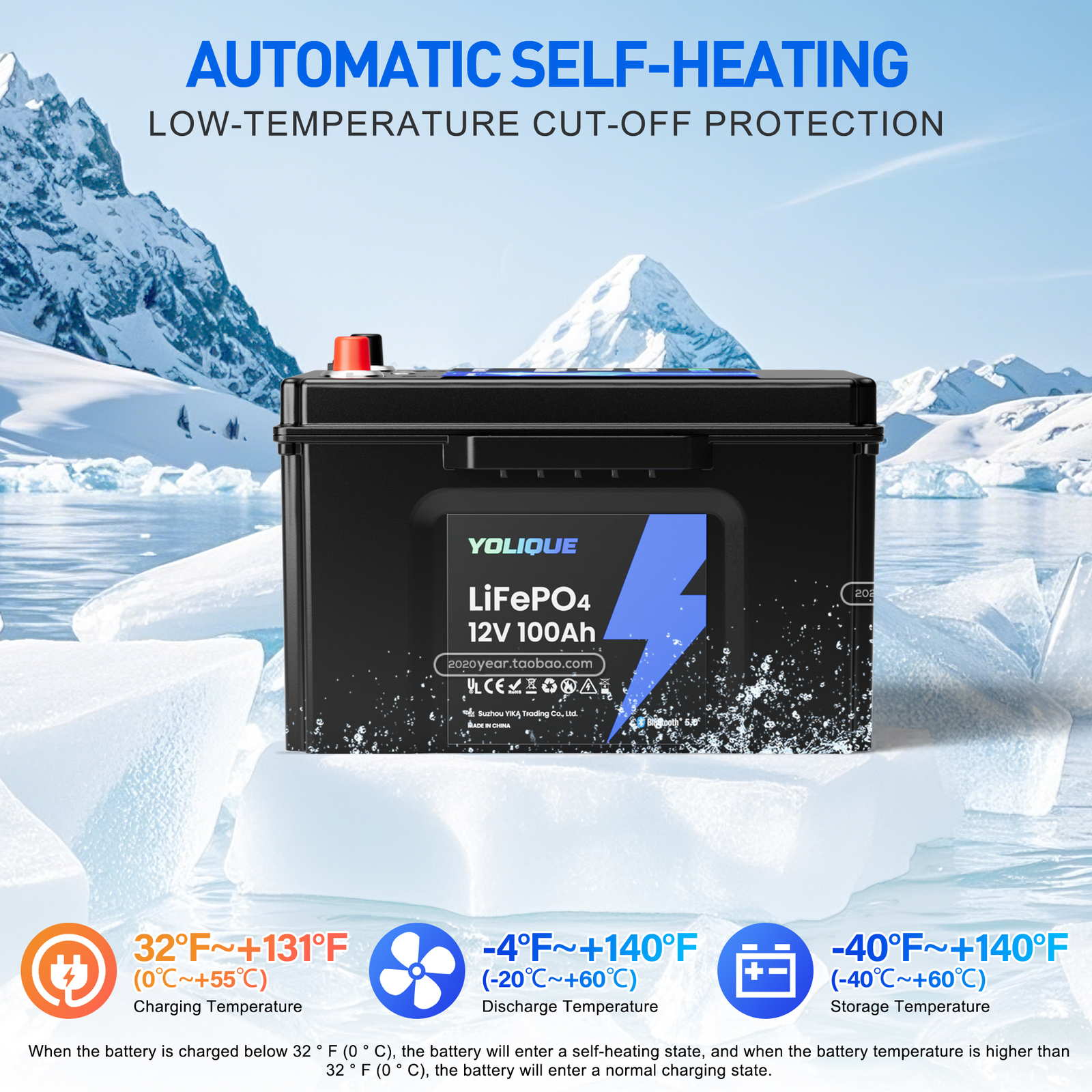 12V 100Ah Bluetooth LiFePO4 Lithium Battery,Self-Heating And Low-Temp Protection