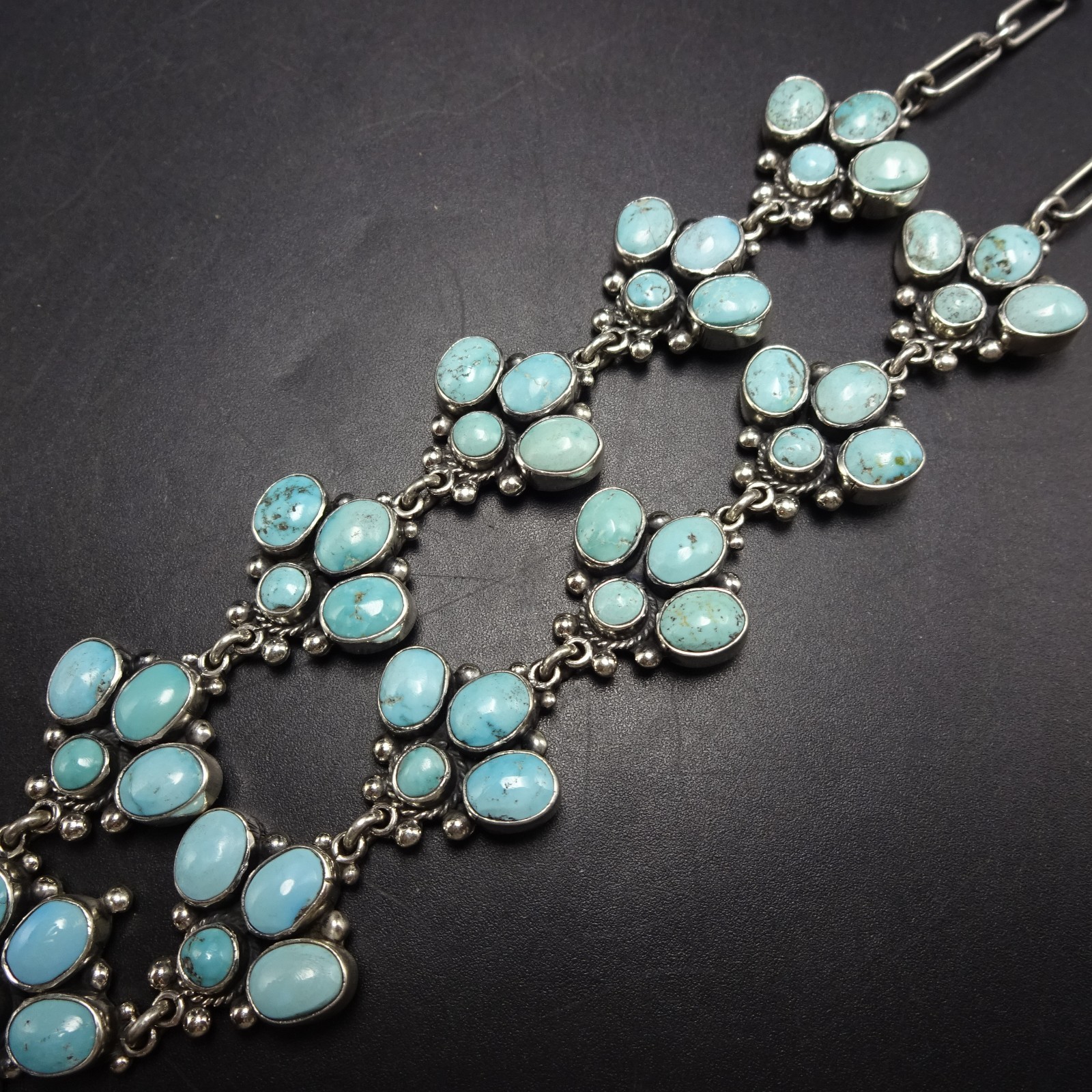 Diminutive FEDERICO JIMENEZ Sterling Silver TURQUOISE CLUSTER Squash Necklace