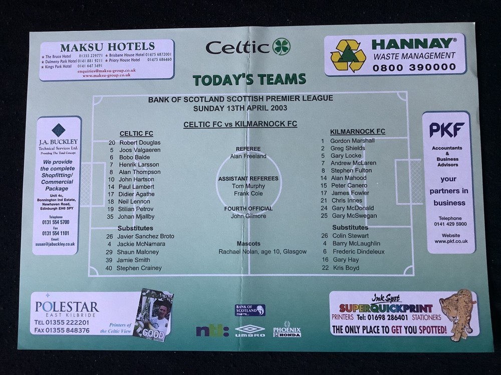 2002/3 Celtic v Kilmarnock April teamsheet