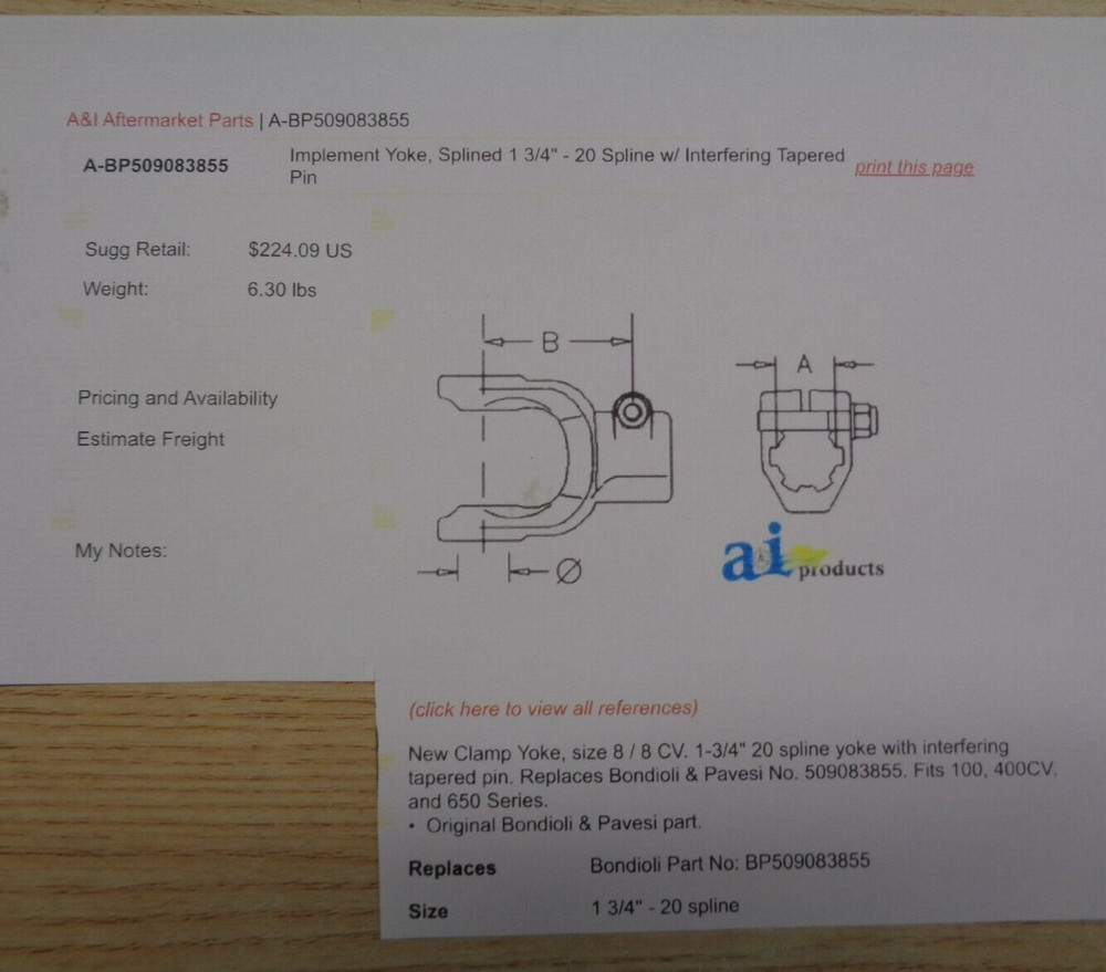 Series 8 Implement Clamp Yoke 1-3/4" 20 spline