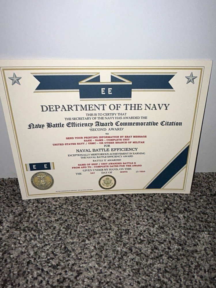 NAVY BATTLE E CITATION~2ND AWARD COMMEMORATIVE CERTIFICATE ~ TYPE-2 / W/PRINTING
