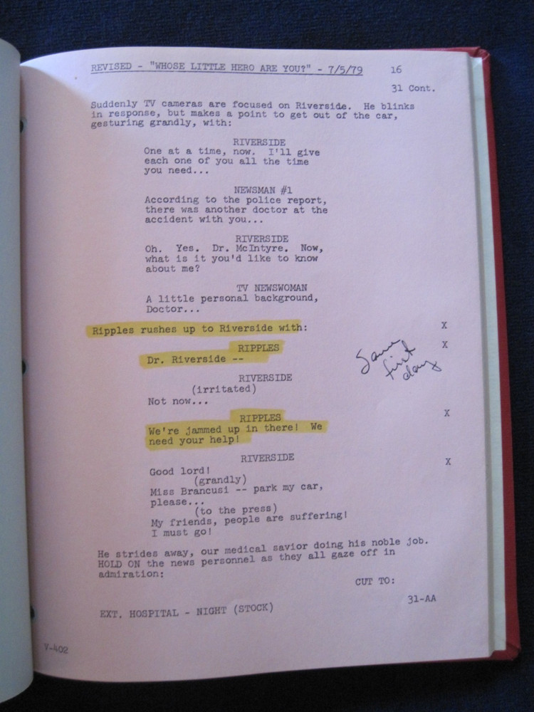 ORIGINAL TV SCRIPT 'WHOSE LITTLE HERO ARE YOU' TRAPPER JOHN MD - 'RIPPLES' COPY