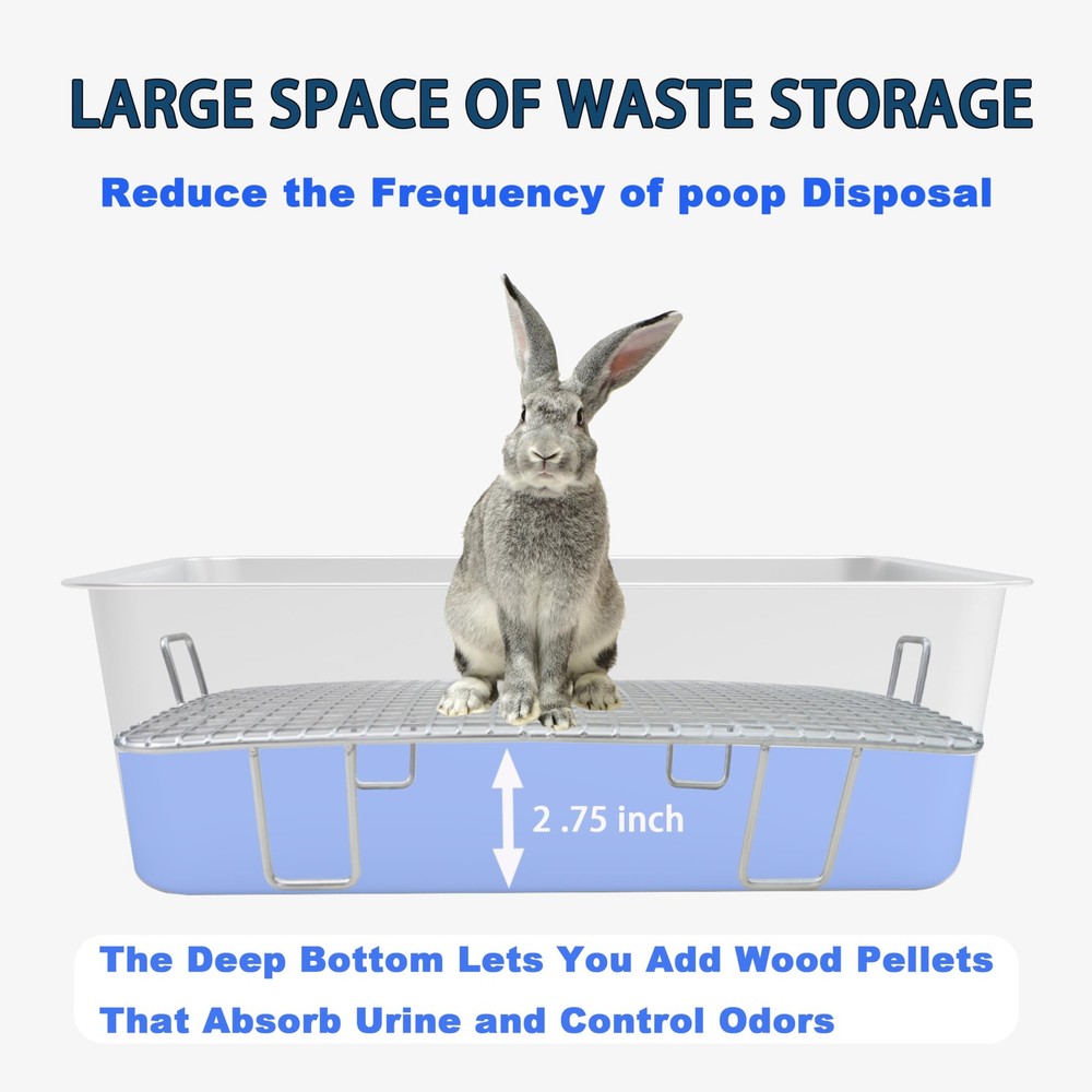 Large Stainless Steel Rabbit Litter Box with Widened Grid and Deep Storage