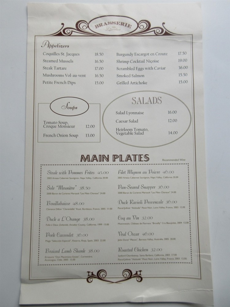 Brasserie L'Escalier Restaurant Menu