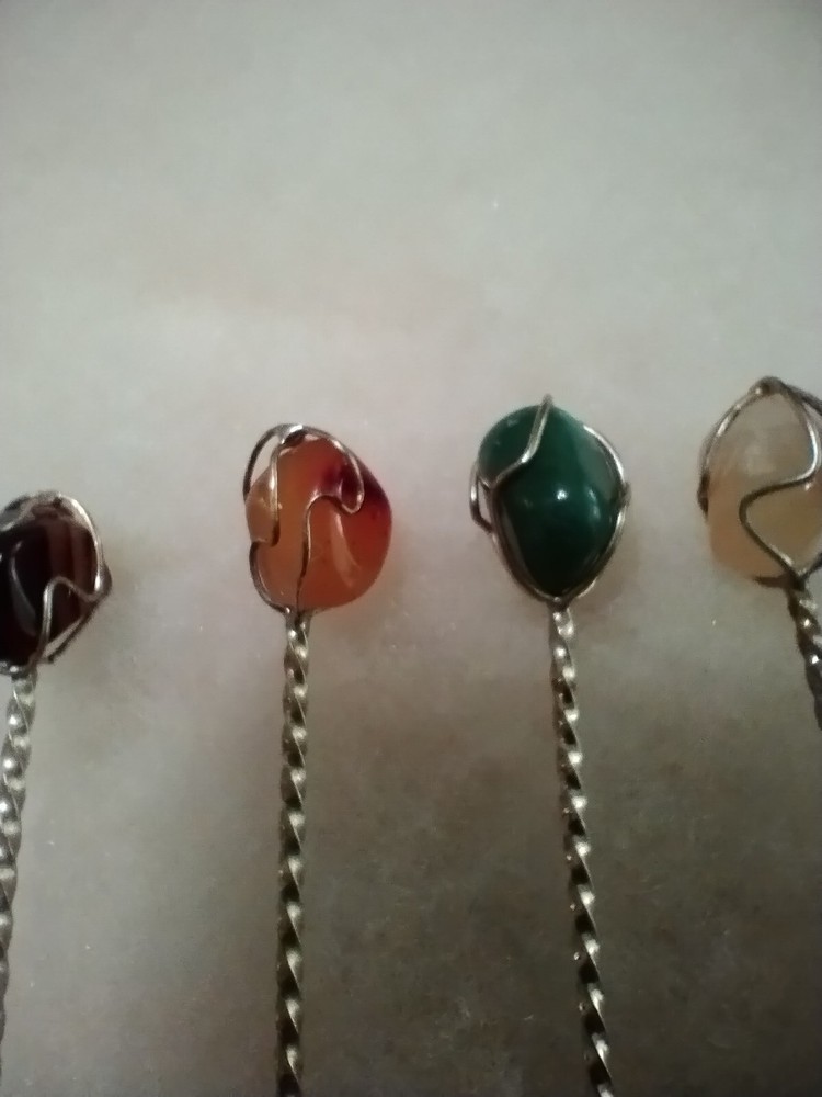 Set of 6 Silver and gemstone demi-tass spoons