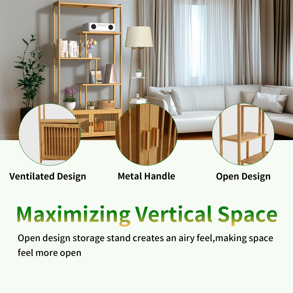 6-Tier Bookshelf w/ Cabinet Bamboo Tall Chinese Vintage Display Etagere Shelves